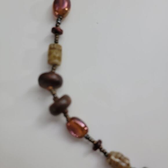 Vintage Glass Bead Necklace with Brown, Amber & Cream Tones, Boho Retro Jewelry - Picture 5 of 10